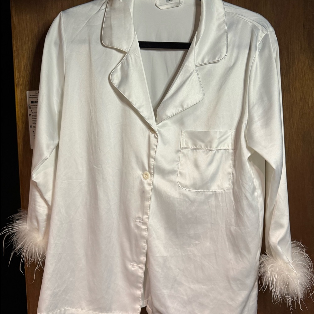 White Satin Pajama Top and bottoms set with Feather Cuffs